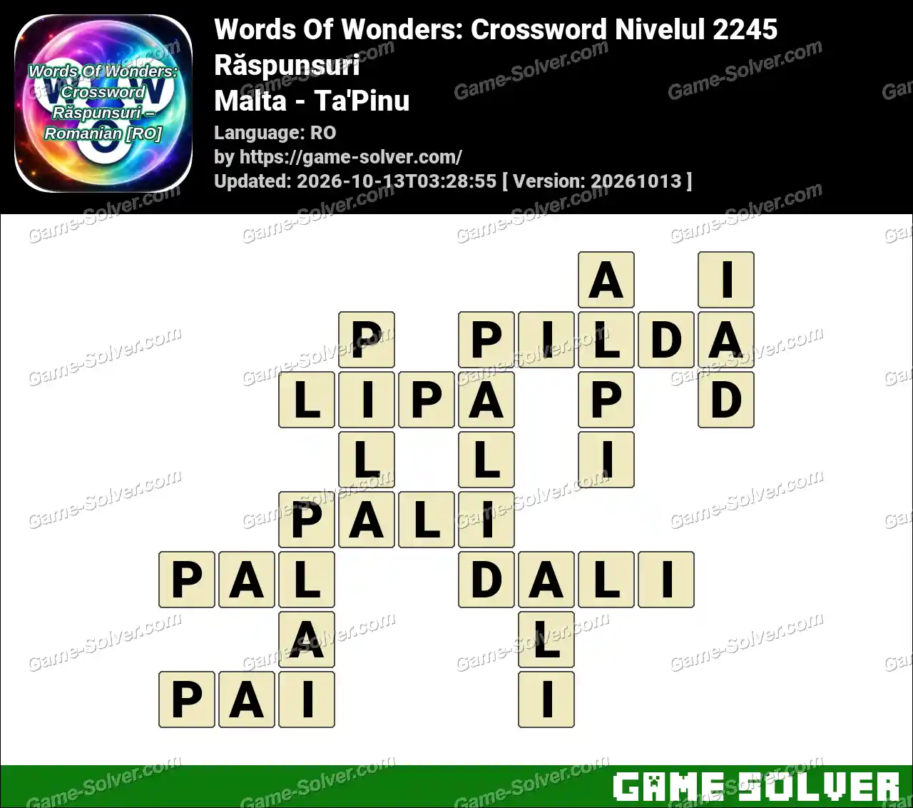 Words Of Wonders: Crossword Nivelul 2245 Răspunsuri – Malta – Ta’Pinu